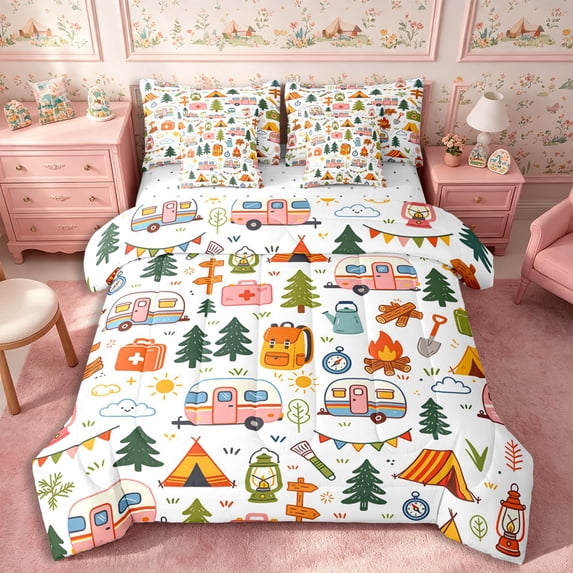 Manfei Camping RV Accessories 7-Piece Twin Bedding,Adventure Theme Bedding Comforter Set,Green Pink