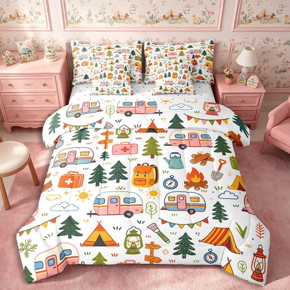 Manfei Camping RV Accessories 7-Piece Twin Bedding,Adventure Theme Bedding Comforter Set,Green Pink