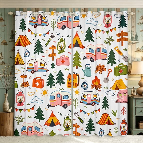 Manfei Camping RV Accessories Blackout Curtains,Adventure Theme Window Curtains Pack of 2 (38x45 Each),Green Pink