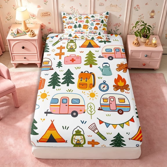 Manfei Camping RV Accessories Twin Fitted Sheet 2 Pieces,Adventure Theme Bedding,Green Pink,1 Fitted Sheet and 1 Pillowcase