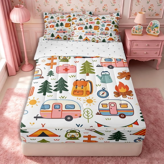 Manfei Camping RV Accessories Zipper Twin Comforter Sets with Fitted Sheet and 2 Pillowcases,Adventure Theme Zipper Bedding Set,Green Pink,Reversible