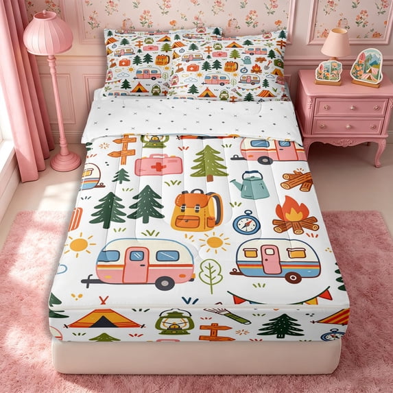 Manfei Camping RV Accessories Zipper Twin Comforter Sets with Fitted Sheet and 2 Pillowcases,Adventure Theme Zipper Bedding Set,Green Pink,Reversible