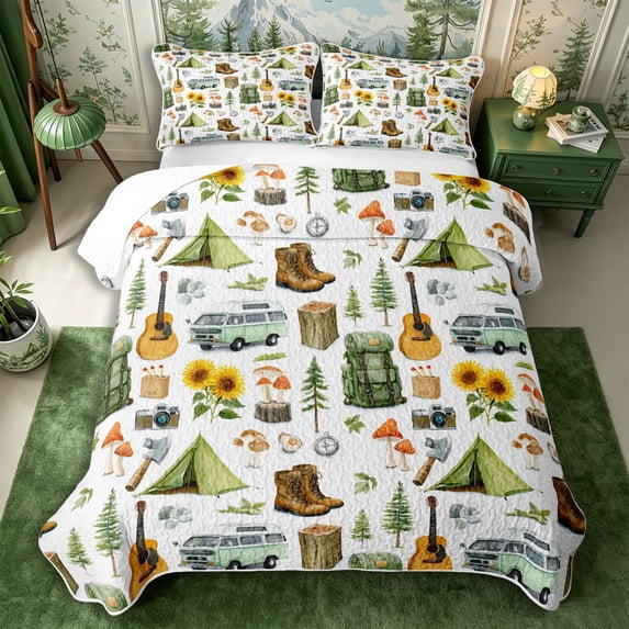 Manfei Camping RV Car Quilt King 3 Pieces,Adventure Guitar Mushroom King Coverlet Set,White Green Yellow,1 Bedspread and 2 Pillowcases
