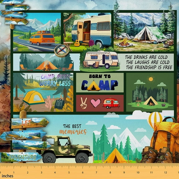 Manfei Camping Theme Fabric by the Yard (2 Yards) for Kids Boys Girls, Camper RV Car Decorative Fabric by the Yard, Travel Trailer Patchwork Sewing & Crafting Fabric