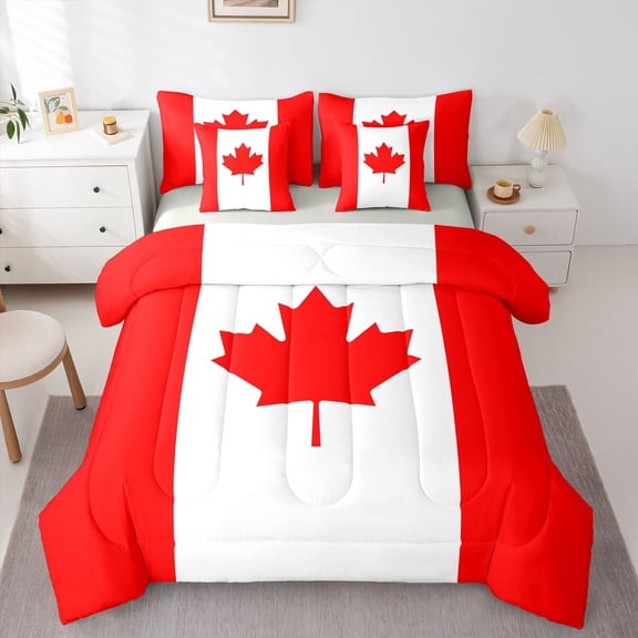 Manfei Canada Flag 7 Pieces Full Size Bedding Sets,World Tour Full Size Bed in a Bag,Red White,Light Gray Reversible