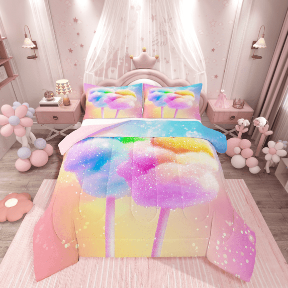 Manfei Candy Floss 2pcs Bedding Comforter Set,Dreamy Princess Twin Comforter Sets,Bling Glitter Breathable Bedding Set,Lightweight Gradient Room Decor,Reversible