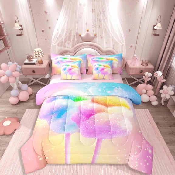 Manfei Candy Floss 7-Piece Bedding Comforter Set,Dreamy Princess King Bedding Sets,Bling Glitter Ultra Soft Bed Sheets,Lightweight Gradient Room Decor,Reversible