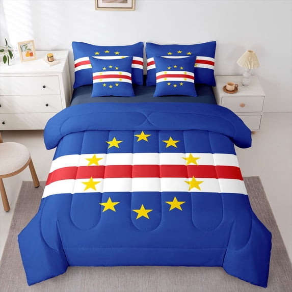 Manfei Cape Verde Flag 7pcs Queen Bedding,Patriotic Theme Art Bedding Comforter Set Queen,Blue Red Yellow,Navy Blue Reversible