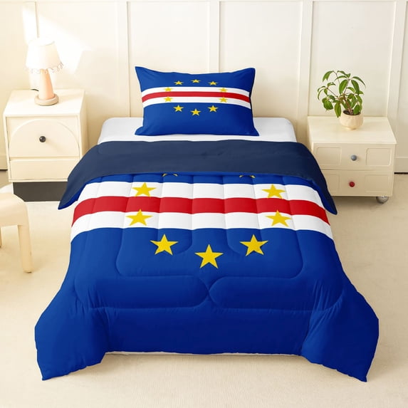 Manfei Cape Verde Flag Twin Comforter Sets,Patriotic Theme Art Bedding Set,Blue Red Yellow,Navy Blue Reversible,2-Piece,1 Comforter and 1 Pillowcase
