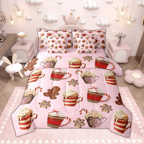Manfei Cappuccino Cream Bedding Comforter Set 7 Pieces, Cute Gingerbread Snowflake King Bedding Sets, Pink Merry Christmas Bed Sheets, Ultra Soft Home Decor