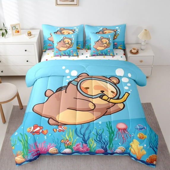 Manfei Capybara Lover 7-Piece Twin Bedding Set, Cartoon Animal, Watercolor Ocean, Cozy Reversible