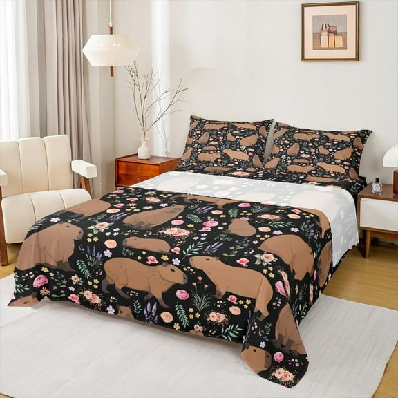 Manfei Capybara Lover Twin Sheet Sets,Cartoon Animals Kapibara Twin Fitted Sheet,Lovely Pink Flower Flat Sheet For Girl Boys,Super Cozy Room Decor,3pcs