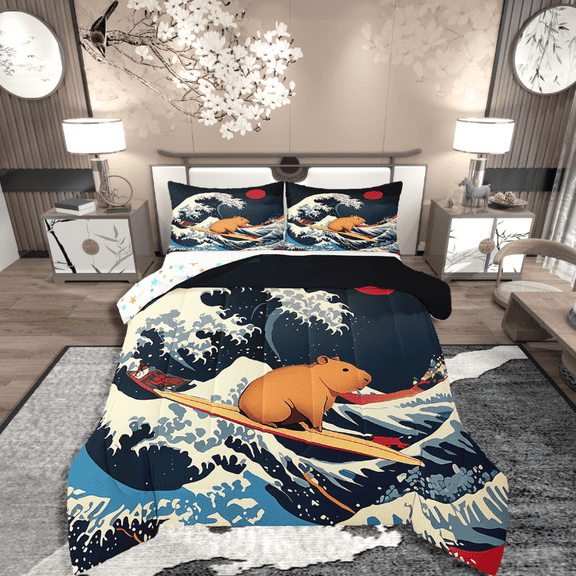 Manfei Capybara Surfing 2pcs Bedding Comforter Set,Ocean Waves Twin Comforter Sets,Japanese Style Bedding Set,Ultra Soft Animal Room Decor,Reversible