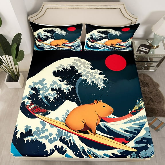 Manfei Capybara Surfing 4-Piece Full Size Sheets,Ocean Waves Bed Sheets,Japanese Style Lightweight Sheet Sets,Animal Room Decor