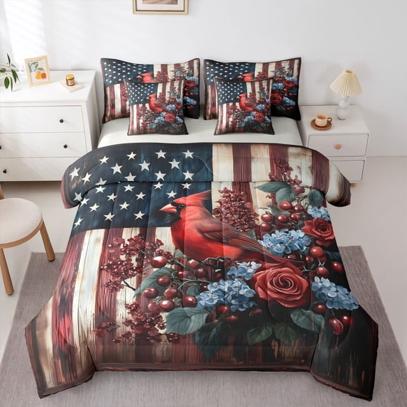 Manfei Cardinal Bird 7-Piece Twin Bedding,Rustic Floral Flag Bedding Comforter Set,White Red Stripes Decor,Light Gray Reversible
