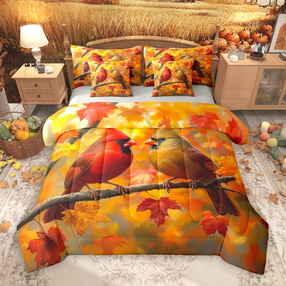 Manfei Cardinal Bird 7-Piece Twin Bedding Sets,Autumn Fall Maples Bedding Comforter Set,Red Orange Sheet Sets For Children,Breathable Home Decor Reversible