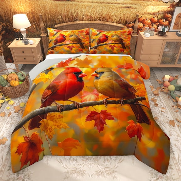 Manfei Cardinal Bird Bedding Comforter Set,Autumn Fall Maples Twin Comforter Sets,Red Orange Bedding Set For Children,Breathable Home Decor Reversible,2-Piece