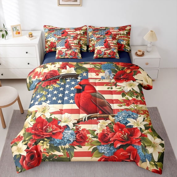 Manfei Cardinal Bird Blossoms 7 Pieces Full Size Bedding Sets,American Flag Full Size Bed in a Bag,Red Green,Navy Blue Reversible