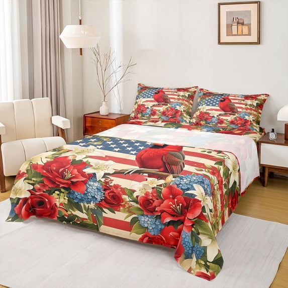 Manfei Cardinal Bird Blossoms Bed Sheets,American Flag Full Size Sheets,Red Green,4pcs,1 Flat Sheet, 1 Fitted Sheet and 2 Pillowcases