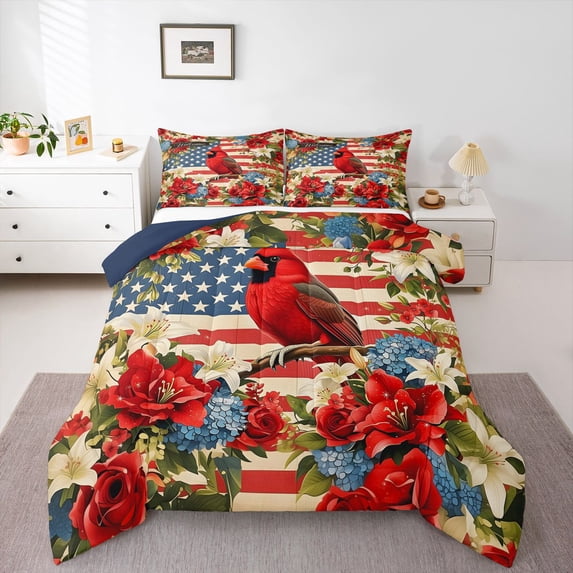 Manfei Cardinal Bird Blossoms Full Size Comforter Sets,American Flag Bedding Comforter Set,Red Green,Navy Blue Reversible,3pcs,1 Comforter and 2 Pillowcases