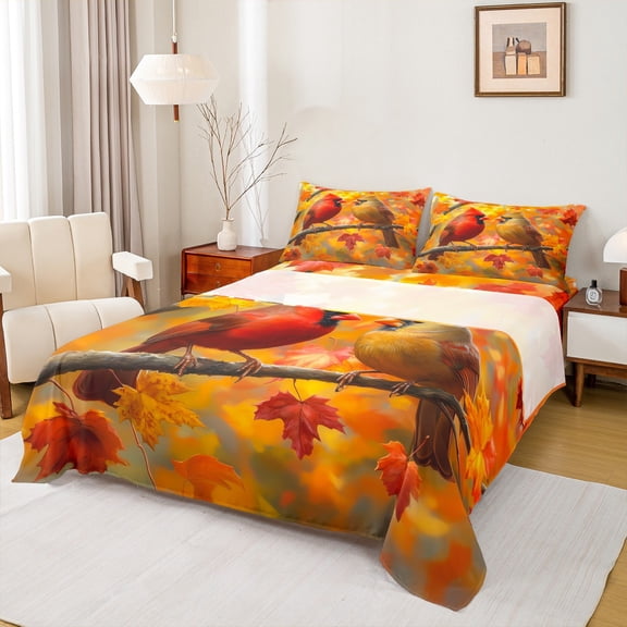 Manfei Cardinal Bird Full Size Sheets,Autumn Fall Maples Bed Sheets,Red Orange Sheet Sets For Children,Breathable Home Decor,4 Pieces