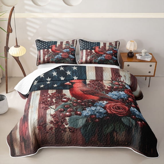 Manfei Cardinal Bird Quilt Full,Rustic Floral Flag Full Bedspread Sets,White Red Stripes Decor,3-Piece
