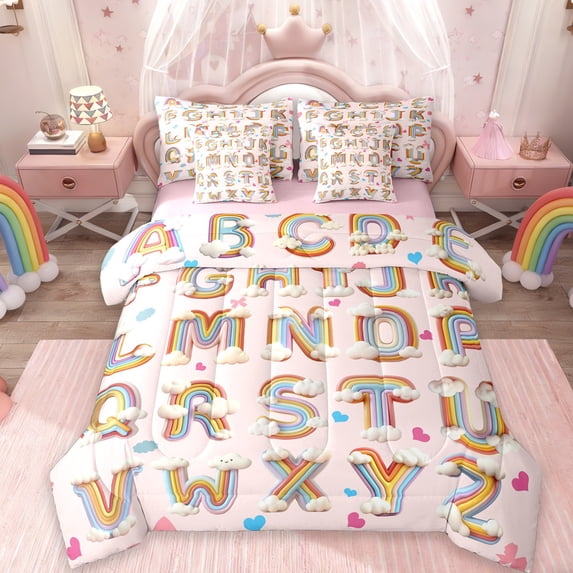 Manfei Cartoon 26 Letters 7 Pieces Bedding Comforter Set,Colorful Abc Alphabet Full Bedding Set,Cute Rainbow Loves Fitted Sheet Flat Sheet For Girls Kids,Luxury Bedroom Decor Reversible