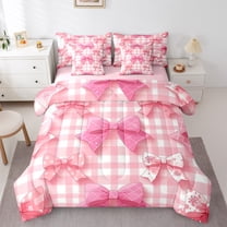 Manfei Cartoon Abstract Bowknot 7-Piece Twin Bedding Sets for Girls, Kawaii Buffalo Plaid Bedding Comforter Set, Fairy Tale Reversible Sheet Sets, Luxury Bedroom Decor