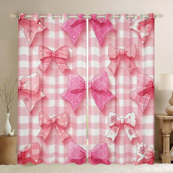 Manfei Cartoon Abstract Bowknot Black Out Curtains for Girls, Kawaii Buffalo Plaid Curtains Pack of 2 (42x63 Each), Fairy Tale Bedroom Curtains, Window Curtains Bedroom Decor