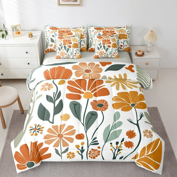 Manfei Cartoon Abstract Flower 7-Piece Twin Bedding Sets,Modern Aesthetic Desgin Bedding Comforter Set,Orange Beige Green Sheet Sets For Girl,Super Cozy Room Decor Reversible