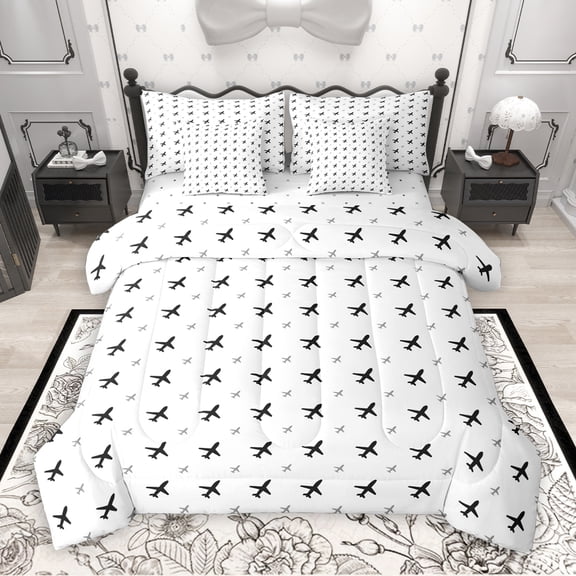 Manfei Cartoon Airplane 7-Piece Twin Bedding Sets,Cute Aircraft Bedding Comforter Set,White Black Sheet Sets Boys Teen,Microfiber Bedroom Decor Reversible