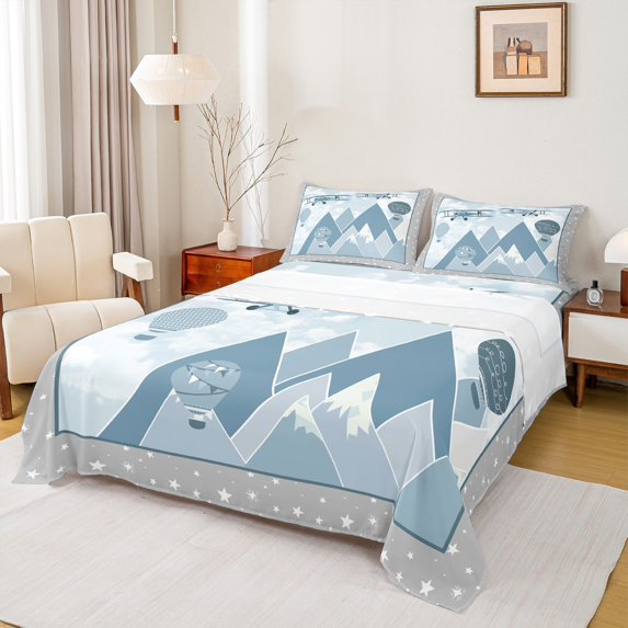 Manfei Cartoon Airplane Bed Sheets,Aircraft Theme King Sheets,Blue Hot Air Balloon Sheet Set For Girl Boy,Breathable Home Decor,4 Pieces