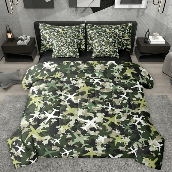 Manfei Cartoon Airplane Kids Twin Bedding Sets 7-Piece, Green Retro Camouflage Bedding Comforter Set, Boy Aircraft Vehicle Reversible Sheet Sets, Lightweight Room Decor