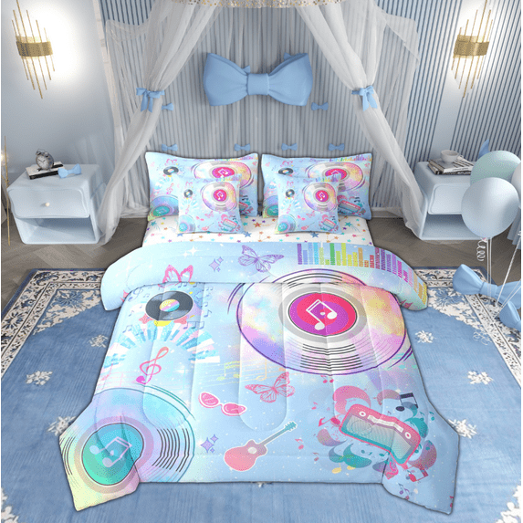 Manfei Cartoon Album Bedding Comforter Set 7-Piece for Teens, Guitar Print King Bedding Sets, Pop Music Theme Reversible Bed Sheets, Microfiber Bedroom Decor
