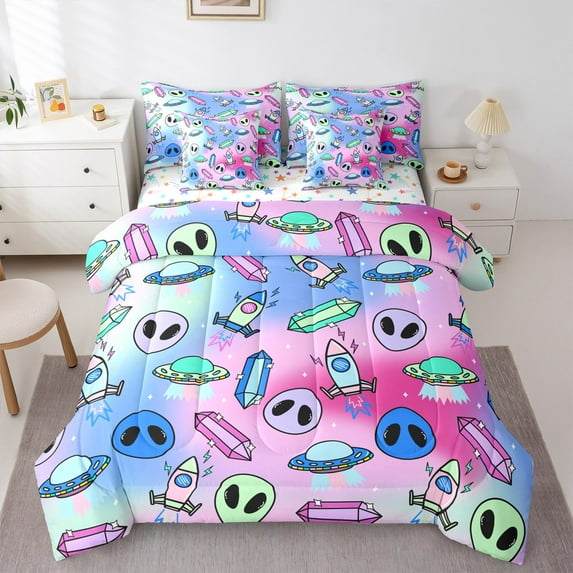Manfei Cartoon Alien 7-Piece Bedding Comforter Set,Blue Pink King Bedding Sets,Rocket Ufo Ultra Soft Bed Sheets,Breathable Gradient Home Decor,Reversible