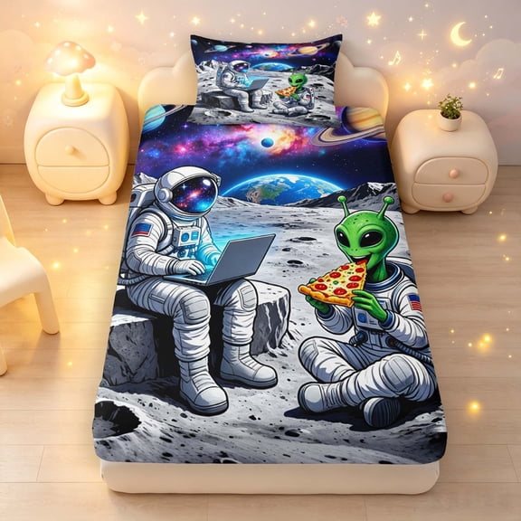 Manfei Cartoon Alien Astronaut Fitted Sheet Queen,Interstellar Space Bedding,Gray,3pcs