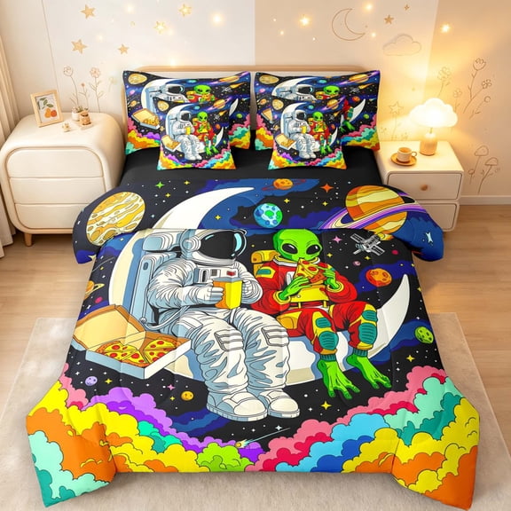 Manfei Cartoon Alien Astronauts 7 Pieces Full Size Bedding Sets,Cosmic Rainbow Clouds Full Size Bed in a Bag,Multicolor,Black Reversible
