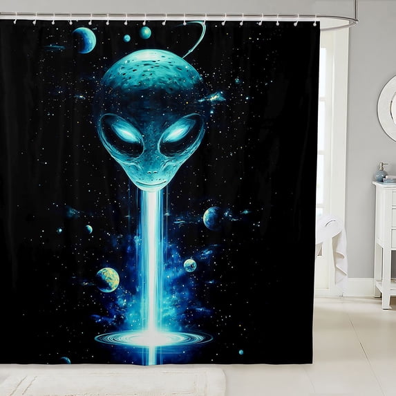 Manfei Cartoon Alien Shower Curtain 72Wx72L,Celestial Deep Space Galaxies Bathroom Curtain,Black Blue