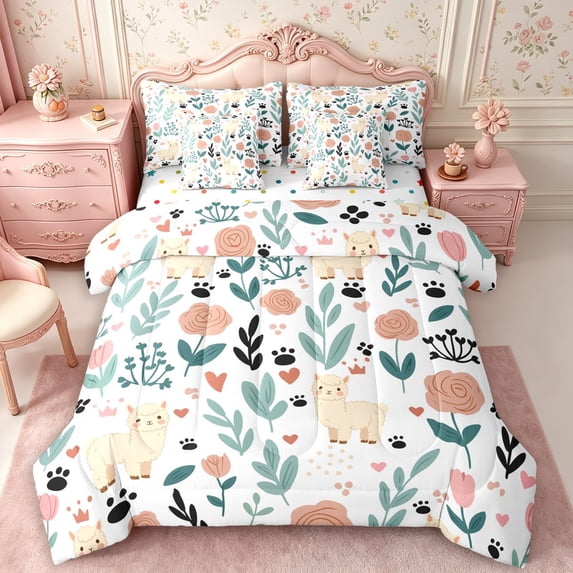 Manfei Cartoon Alpaca 7-Piece Twin Bedding,Spring Garden Bedding Comforter Set,Reversible