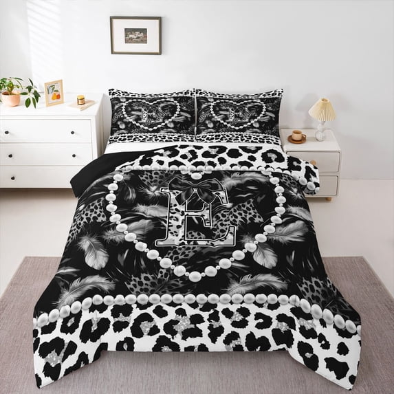 Manfei Cartoon Alphabet E Print Full Size Comforter Sets,Kawaii Pearl Cheetan Pattern Bedding Comforter Set,Black,Black Reversible,3 Pieces,1 Comforter and 2 Pillowcases