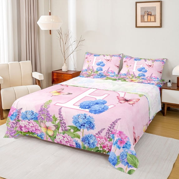 Manfei Cartoon Alphabet E Print Queen Sheets,Kawaii Butterfly Queen Sheet Sets,Multicolored,4-Piece