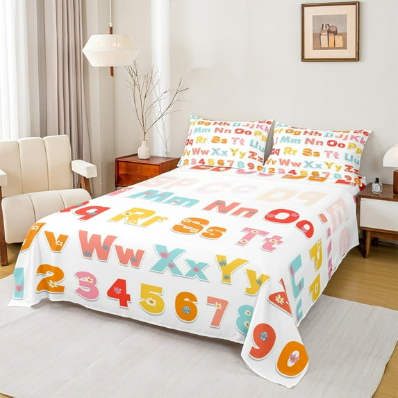Manfei Cartoon Alphabet Full Size Sheets,Colorful Abc Bed Sheets,English Letters Sheet Sets For Girl Boys,Microfiber Bedroom Decor,4 Pieces