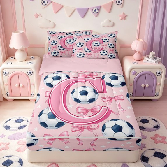 Manfei Cartoon Alphabet Print C Zipper Queen Comforter Set with Fitted Sheet and 2 Pillowcases,Pink Girly Bow Zipper Bedding Set,Pink Reversible,4 Pieces