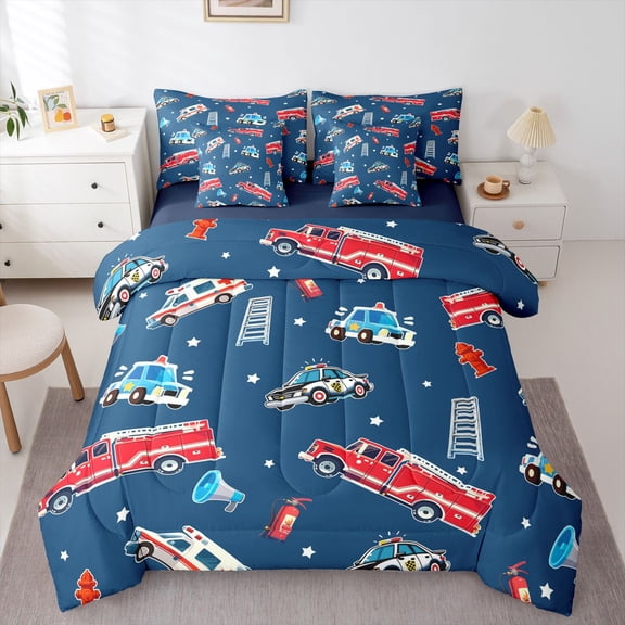 Manfei Cartoon Ambulance 7-Piece Twin Bedding,Police Car Pattern Bedding Comforter Set,Blue,Navy Blue Reversible