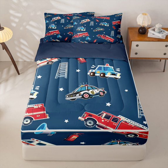 Manfei Cartoon Ambulance Zipper Full Size Comforter Sets with Fitted Sheet and 2 Pillowcases,Police Car Pattern Zipper Bedding Set,Blue,Navy Blue Reversible,4pcs