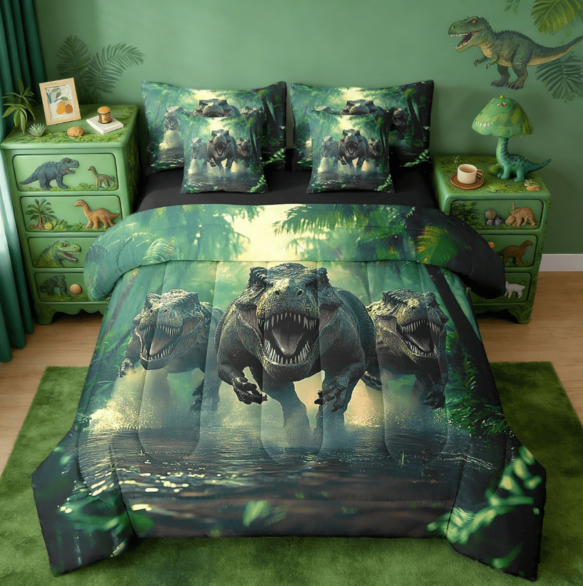 Manfei Cartoon Ancient Dinosaur 7-Piece Bedding Comforter Set,3D Dino Print Jungle Dino King Bedding Sets Wild Animal Bedroom Decor Reversible