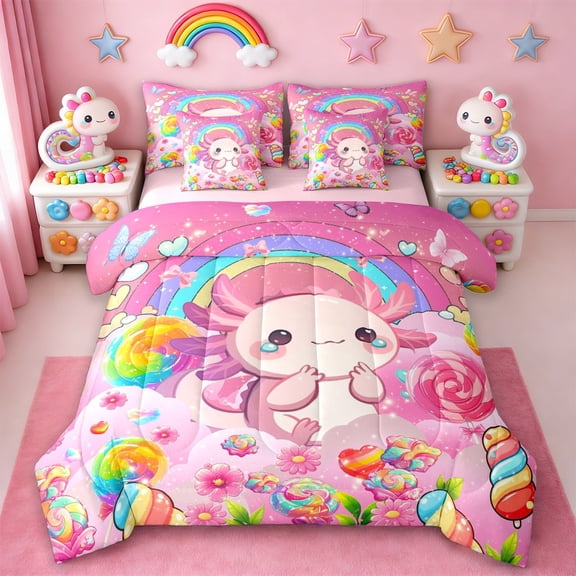 Manfei Cartoon Animal Axolotl 7-Piece Bedding Comforter Set,Kawaii Ocean Animal King Bedding Sets,Colorful Candy Pink Daisy Bed Sheets For Teens,Ultra Soft Home Decor Reversible