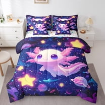 Manfei Cartoon Animal Axolotl 7-Piece Twin Bedding Sets,Dreamy Planet Stars Bedding Comforter Set,Kawaii Pink Salamander Sheet Sets,For Teens,Microfiber Bedroom Decor Reversible