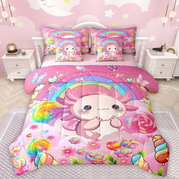Manfei Cartoon Animal Axolotl 7-Piece Twin Bedding Sets,Kawaii Ocean Animal Bedding Comforter Set,Colorful Candy Pink Daisy Sheet Sets For Teens,Ultra Soft Home Decor Reversible