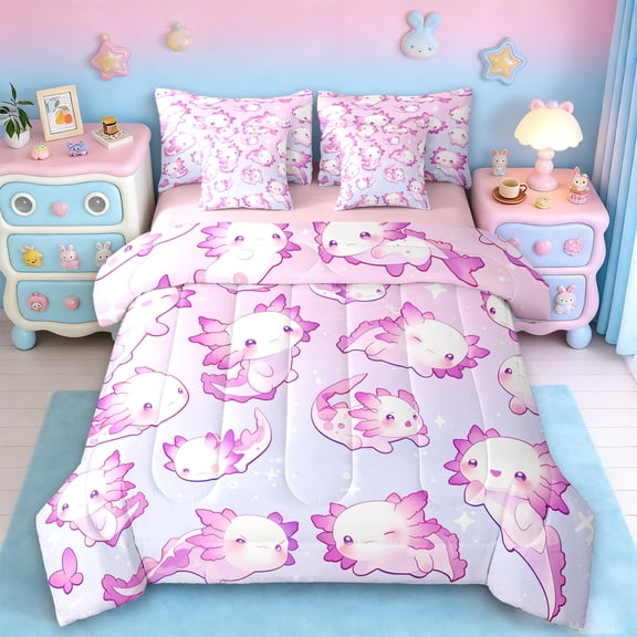 Manfei Cartoon Animal Axolotl 7-Piece Twin Bedding Sets,Kawaii Pink Salamander Bedding Comforter Set,Pink White Ombre Sheet Sets For Girls,Microfiber Bedroom Decor Reversible